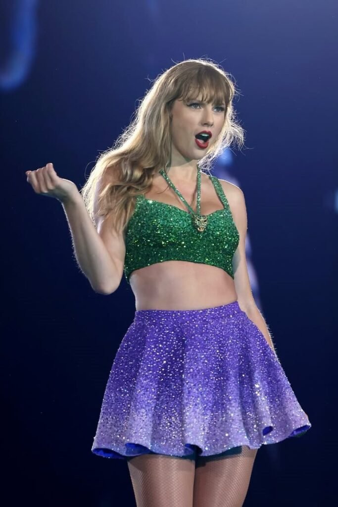 Green Sparkly Crop Top + Purple Sparkly Skater Skirt + Fishnet Tights