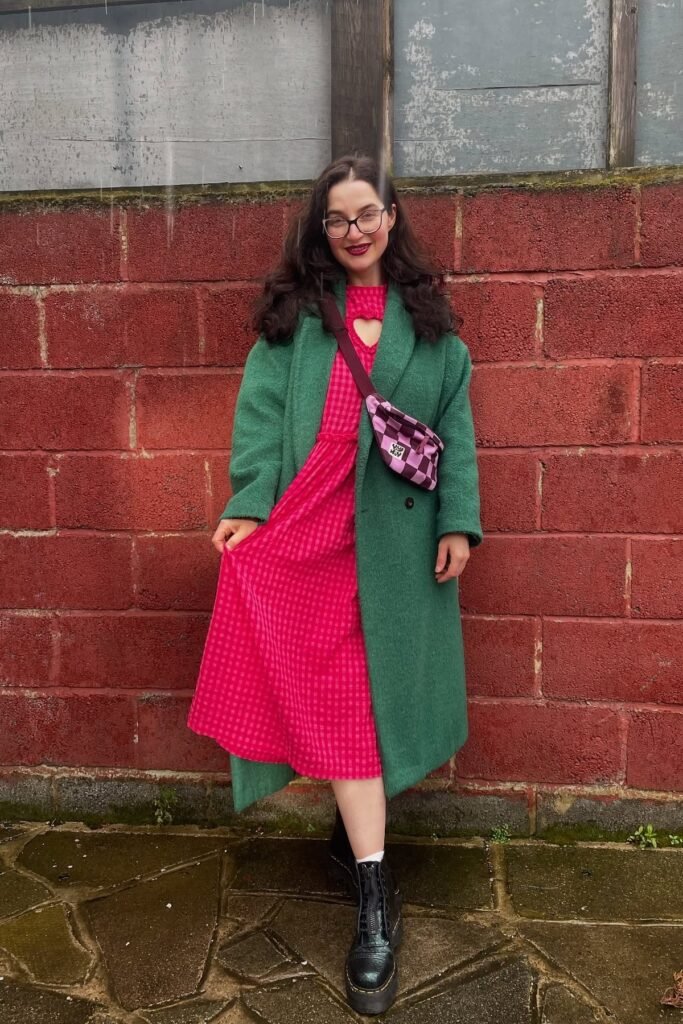 Green Wool Overcoat + Pink Gingham Midi Dress + Black Platform Boots