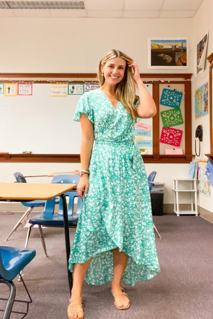 Green and White Floral Wrap Dress + Gold Strappy Sandals