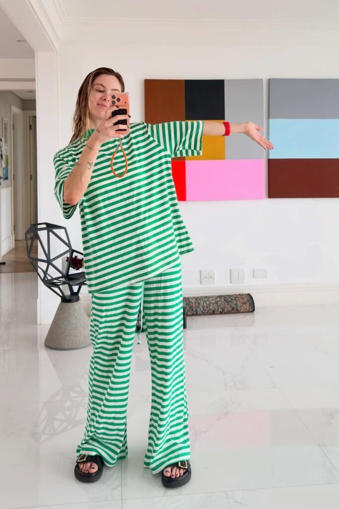 Green and White Horizontal Striped Oversized Set + Black Platform Sandals