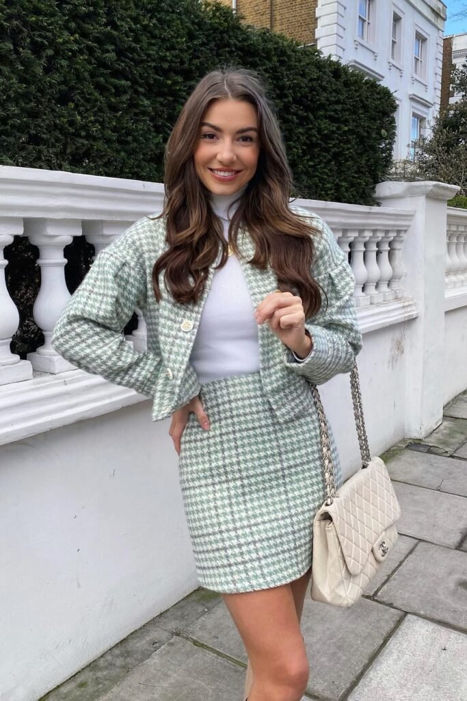 Green and White Houndstooth Cropped Jacket + Matching Mini Skirt + White Turtleneck Top