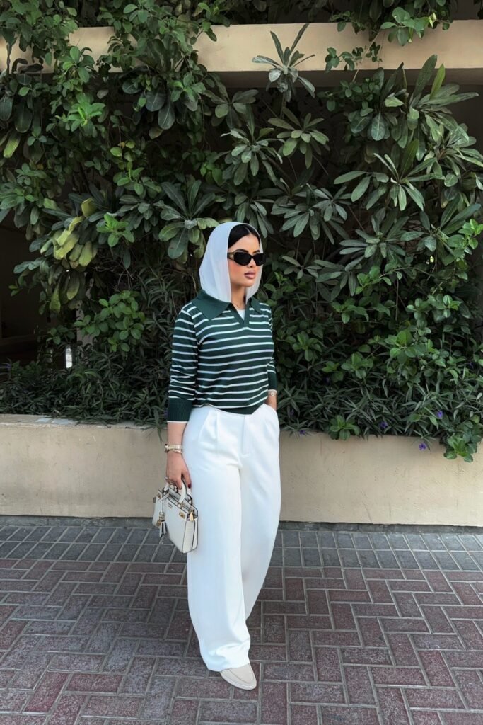Green and White Striped Polo Sweater + White Wide-leg Trousers + Beige Loafers