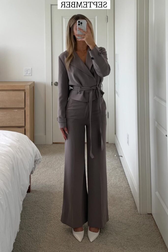 Grey Belted Wrap Blazer + Grey Wide-Leg Trousers + White Pointed Heels