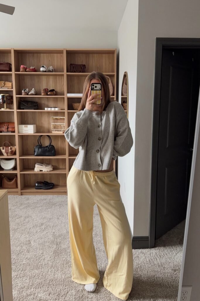 Grey Button-up Cardigan + Pale Yellow Wide-leg Sweatpants + White Socks