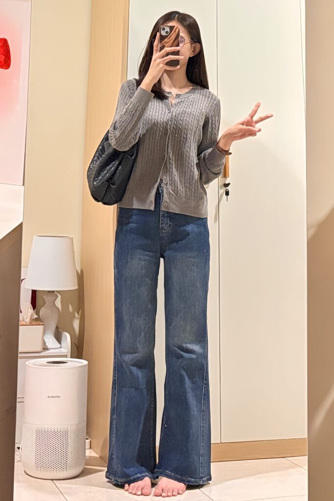 Grey Cable-Knit Cardigan + Dark Blue Flare Jeans