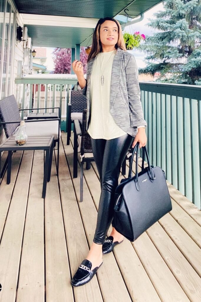Grey Camo Blazer + Black Faux Leather Leggings + Black Chain Loafers