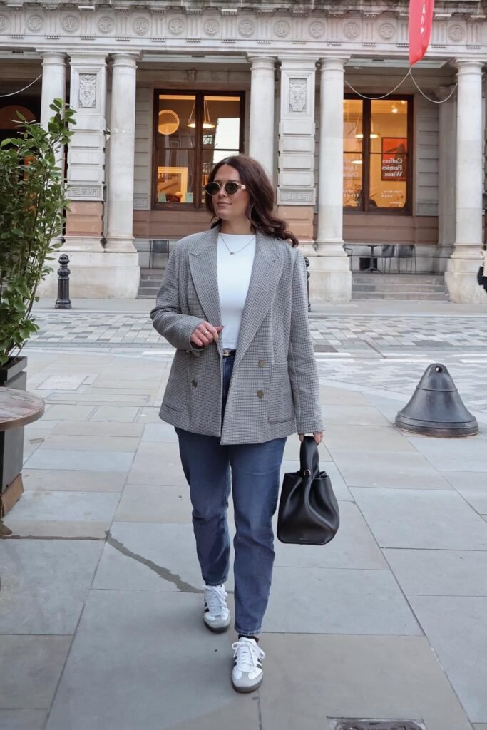 Grey Checked Double Breasted Blazer + White T Shirt + Medium Wash Jeans + White Adidas Sneakers