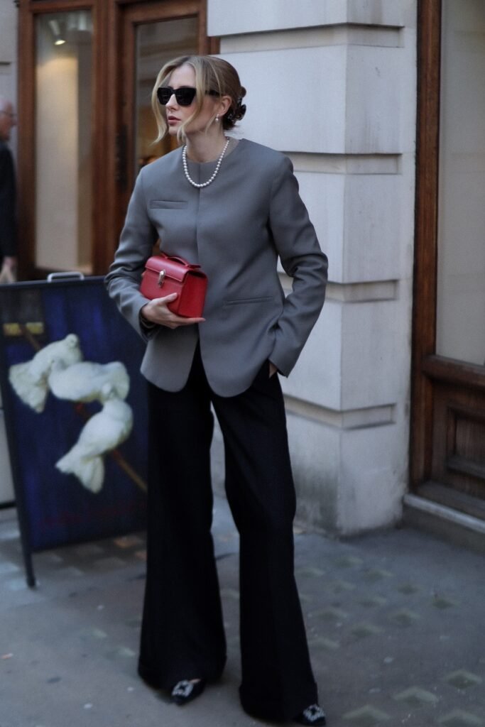 Grey Collarless Blazer + Black Wide Leg Trousers + Black Embellished Pumps