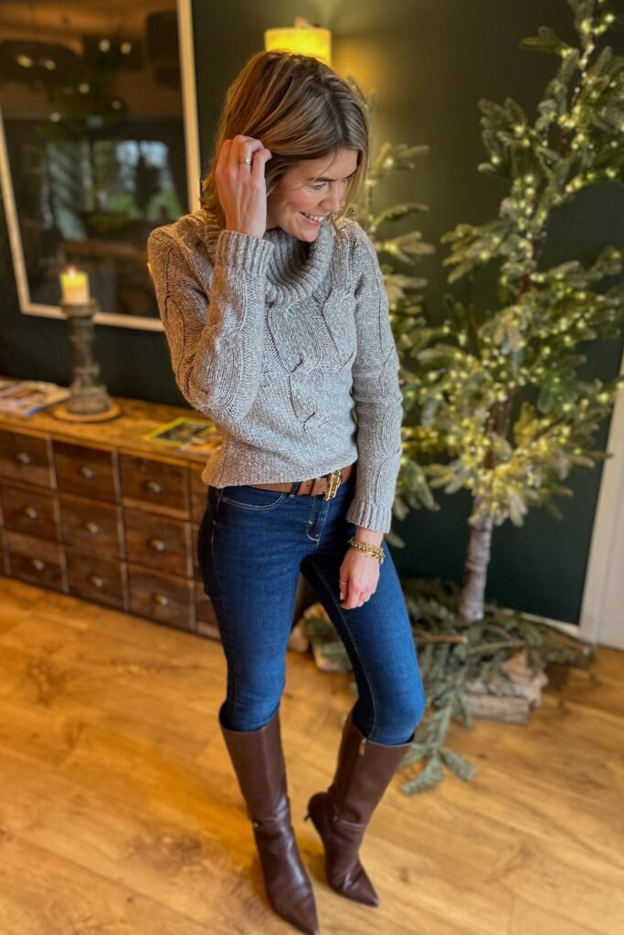 Grey Cowl Neck Cable Knit Sweater + Dark Wash Skinny Jeans + Tall Brown Leather Boots