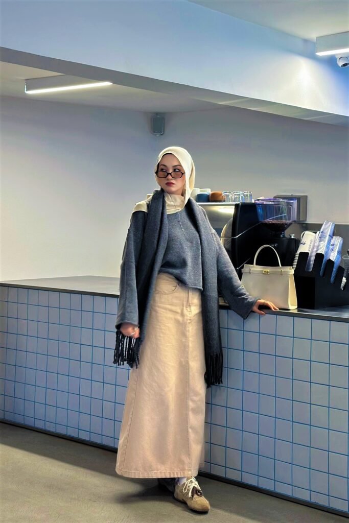 Grey Crewneck Sweater + Beige Denim Maxi Skirt + Cream Hijab & Oversized Scarf + Beige Sneakers