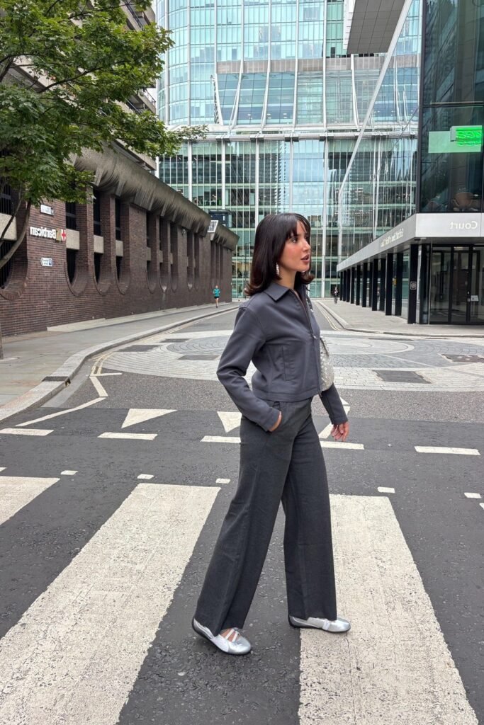 Grey Cropped Zip Up Jacket + Charcoal Wide Leg Trousers + Silver Mary Jane Flats