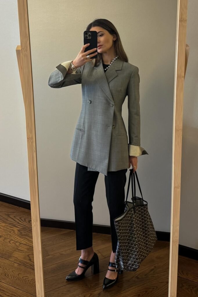 Grey Double Breasted Blazer + Black Cropped Trousers + Black Mary Jane Heels