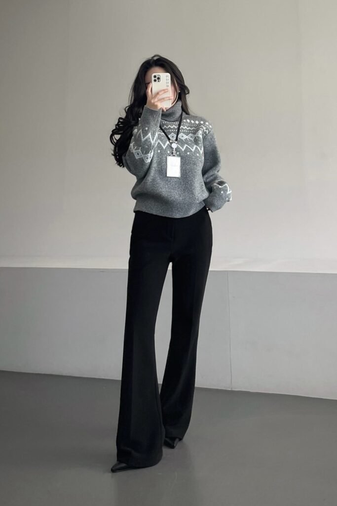 Grey Fair Isle Turtleneck Sweater + Black Flared Trousers + Black Pointed Toe Shoes