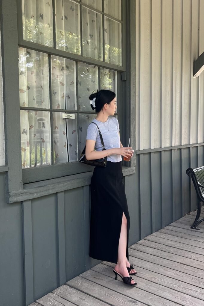Grey Fitted T-Shirt + Black Side-Slit Maxi Skirt + Black Heeled Mules