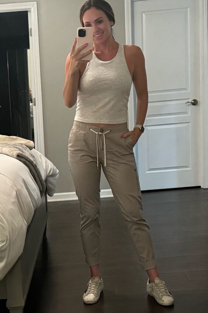 Grey Heather Halter Tank Top + Khaki Drawstring Chinos + Distressed White Sneakers