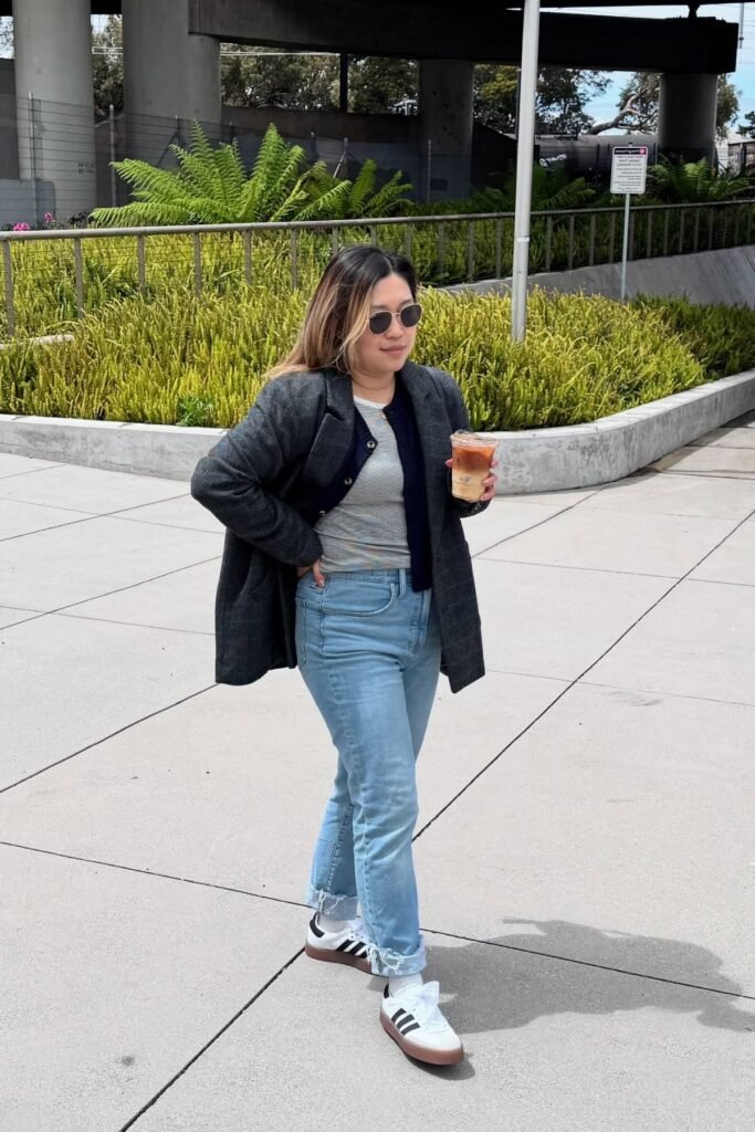 Grey Herringbone Blazer + Striped T-Shirt + Light Wash Jeans + White Adidas Sneakers