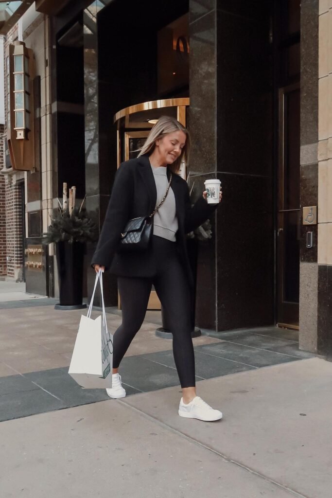 Grey Knit Sweater + Black Oversized Blazer + Black Leggings + White Sneakers