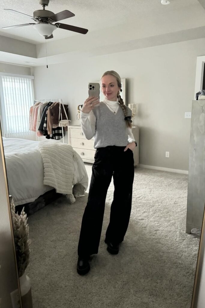Grey Knit Vest + White Turtleneck + Black Wide-Leg Trousers + Black Platform Boots