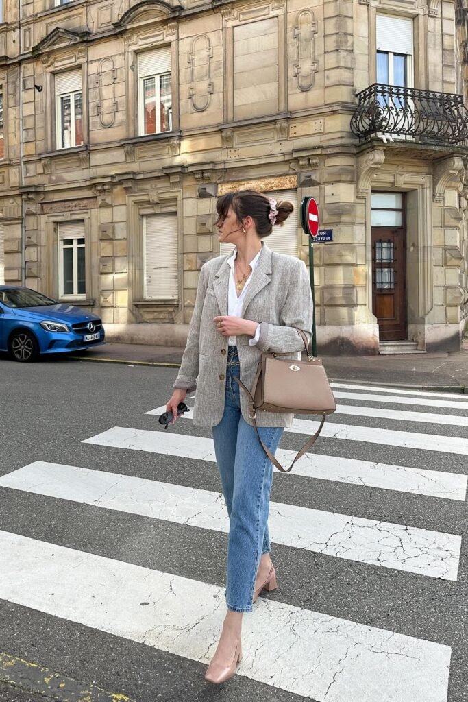 Grey Linen Blazer + White Button Down Shirt + Medium Wash Straight Jeans