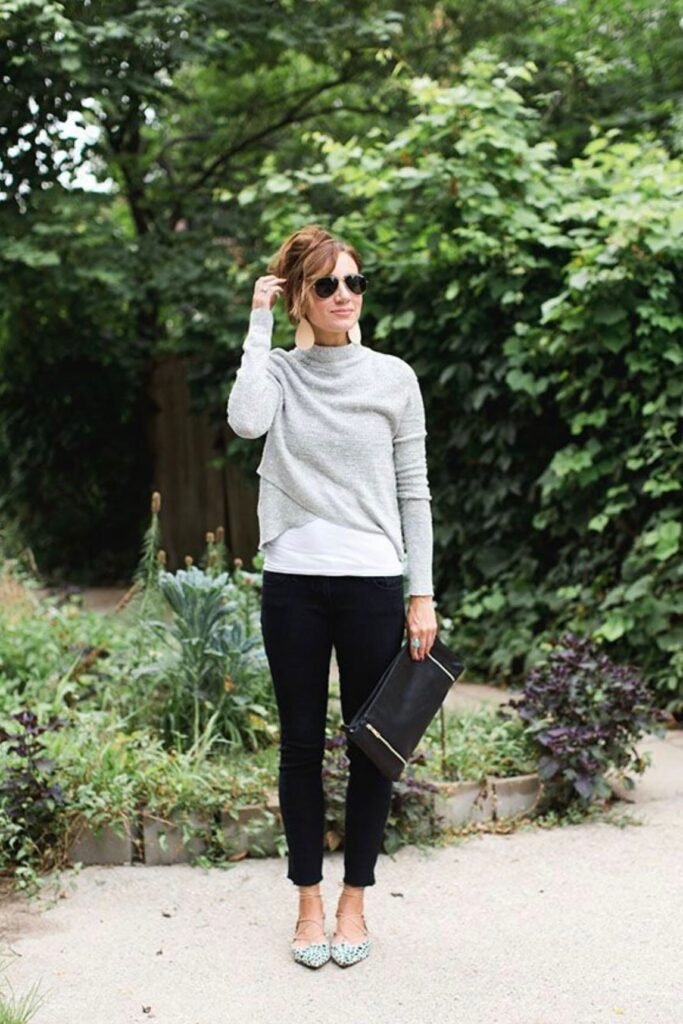 Grey Mock-Neck Sweater + Black Ankle Skinny Jeans + Spotted Pointed-Toe Flats