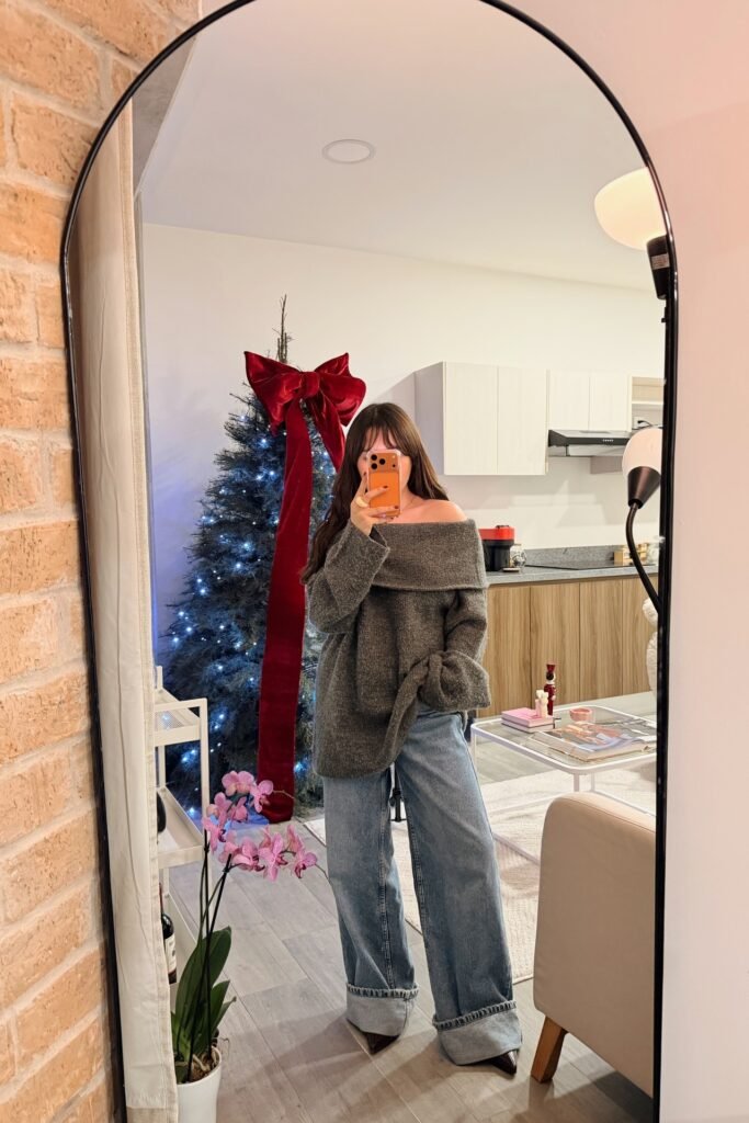 Grey Off-the-Shoulder Sweater + Oversized Cuffed Jeans + Dark Pointed Heels