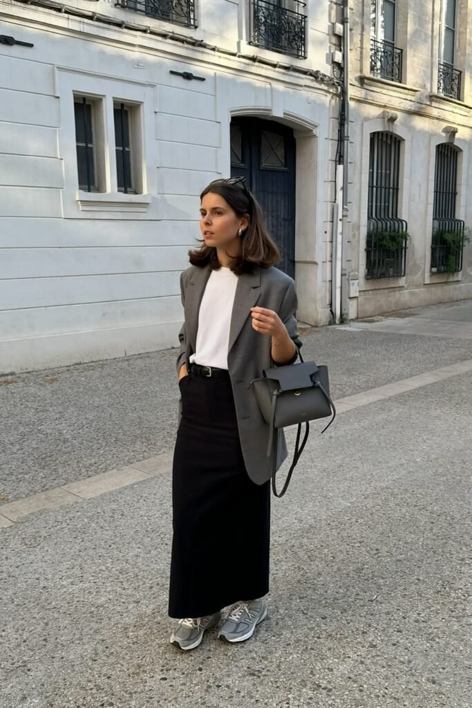 Grey Oversized Blazer + White T Shirt + Black Column Skirt + Grey Sneakers