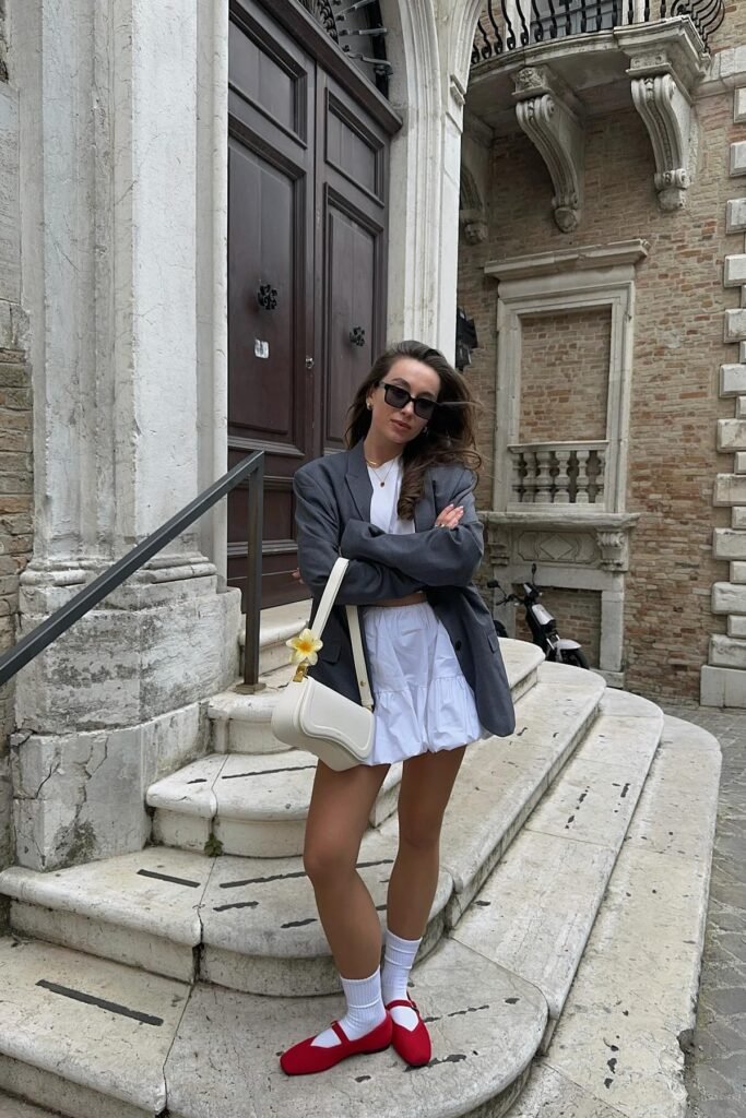 Grey Oversized Blazer + White T Shirt + White Puff Mini Skirt + White Socks + Red Mary Janes