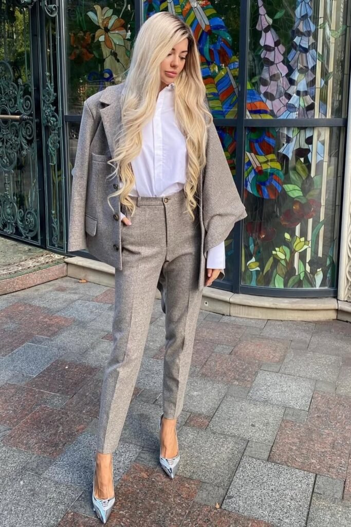 Grey Pinstripe Blazer and Trousers + White Button-Down Shirt + Silver Pointed Heels