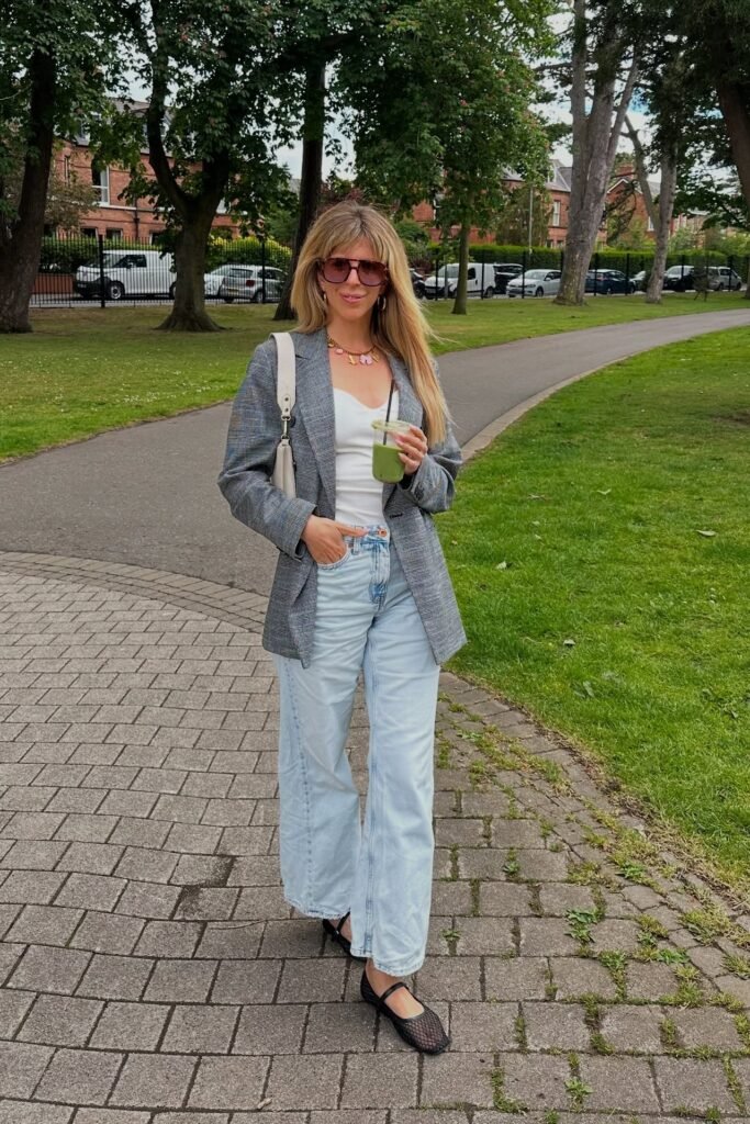 Grey Plaid Blazer + White Bodysuit + Light Wash Wide Leg Jeans + Black Mesh Mary Janes