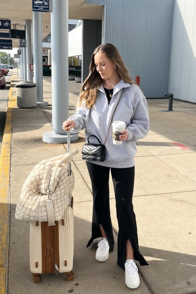 Grey Quarter-Zip Pullover + Black Split-Hem Flared Leggings + White Platform Sneakers