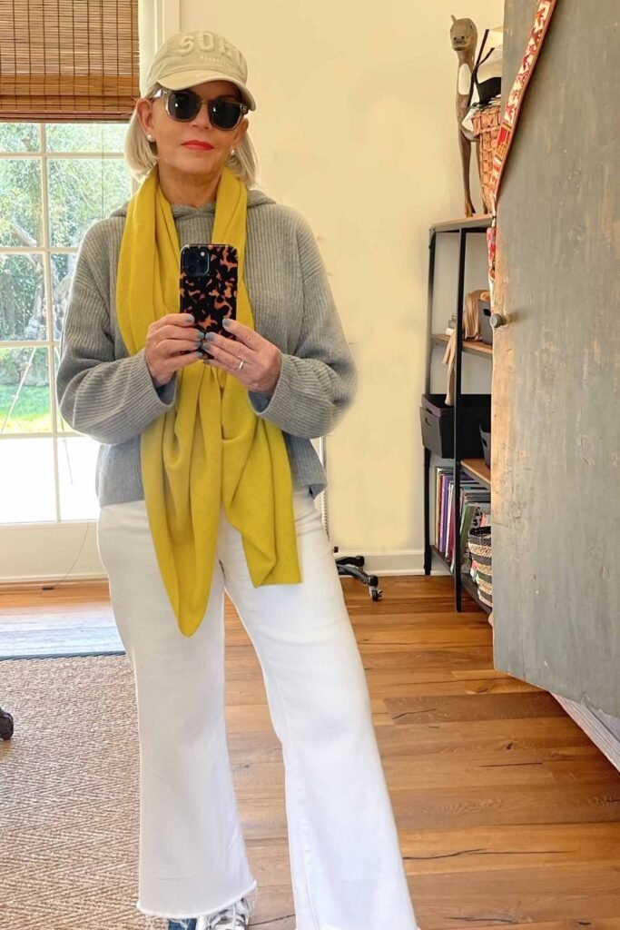 Grey Ribbed Hoodie + Yellow Oversized Scarf + White Wide Leg Jeans + White Sneakers
