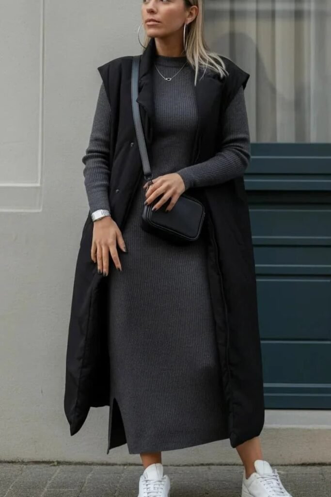 Grey Ribbed Maxi Dress + Long Black Puffer Vest + White Sneakers