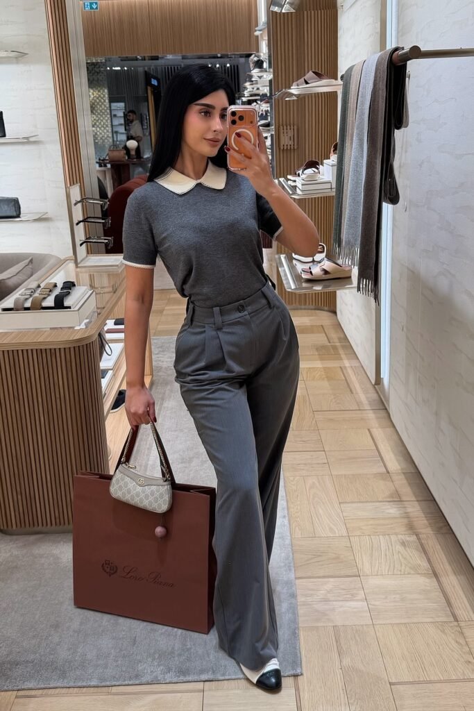 Grey Short-Sleeve Knit Top with Peter Pan Collar + Grey Pleated Trousers + White Cap-Toe Flats