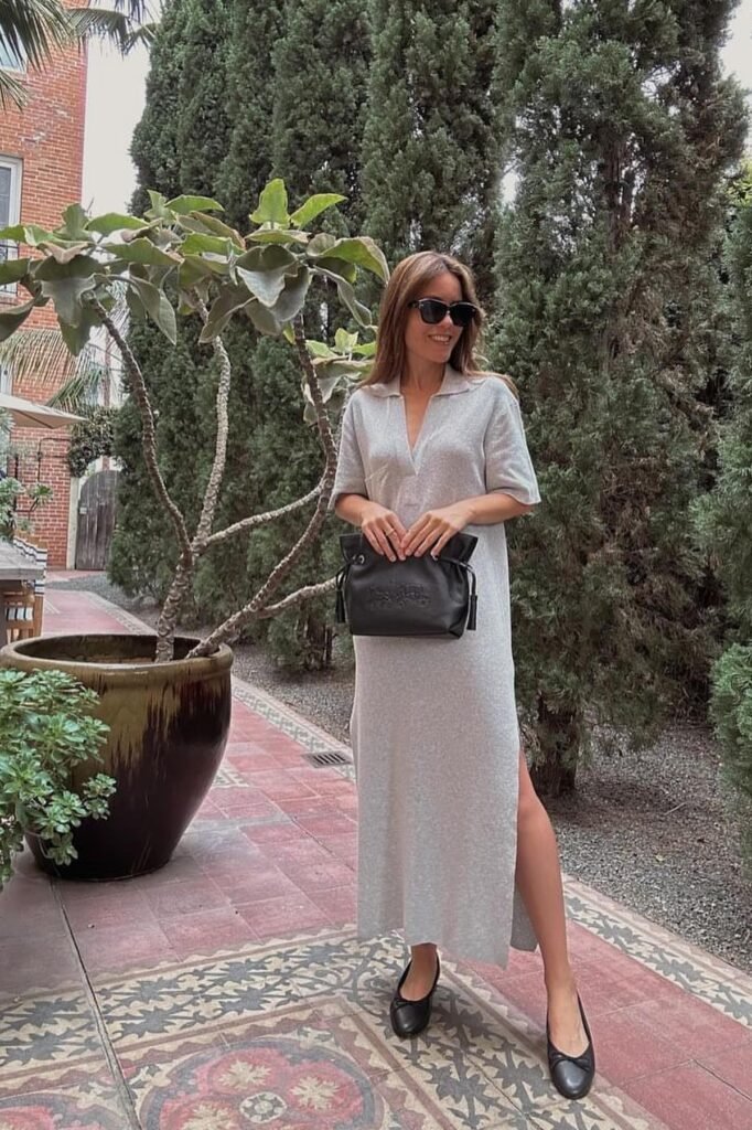 Grey Short Sleeve Polo Maxi Dress + Black Leather Ballet Flats