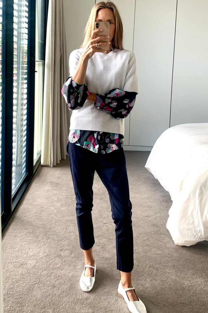 Grey Short Sleeve Sweater + Floral Print Blouse + Navy Cropped Trousers + Silver Mary Janes