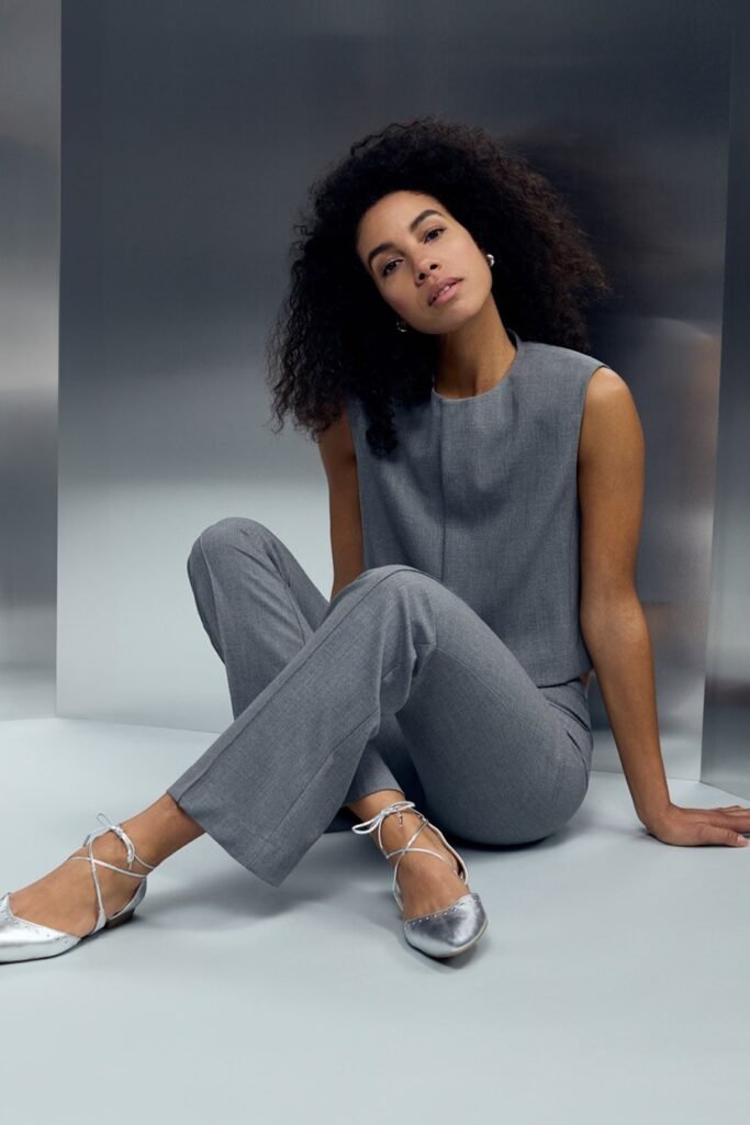 Grey Sleeveless Top + Grey Straight Leg Trousers + Silver Lace Up Pointed Flats