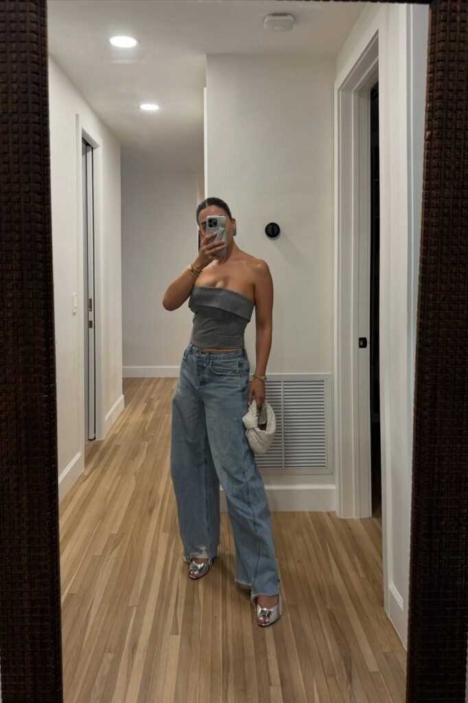 Grey Strapless Fold Over Corset Top + Light Wash Baggy Jeans + Silver Peep Toe Heels