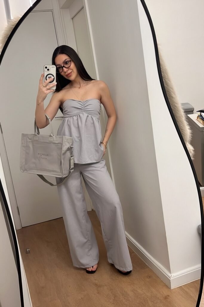 Grey Strapless Ruched Top + Grey Wide Leg Trousers + Black Open Toe Heels + Large Grey Canvas Tote