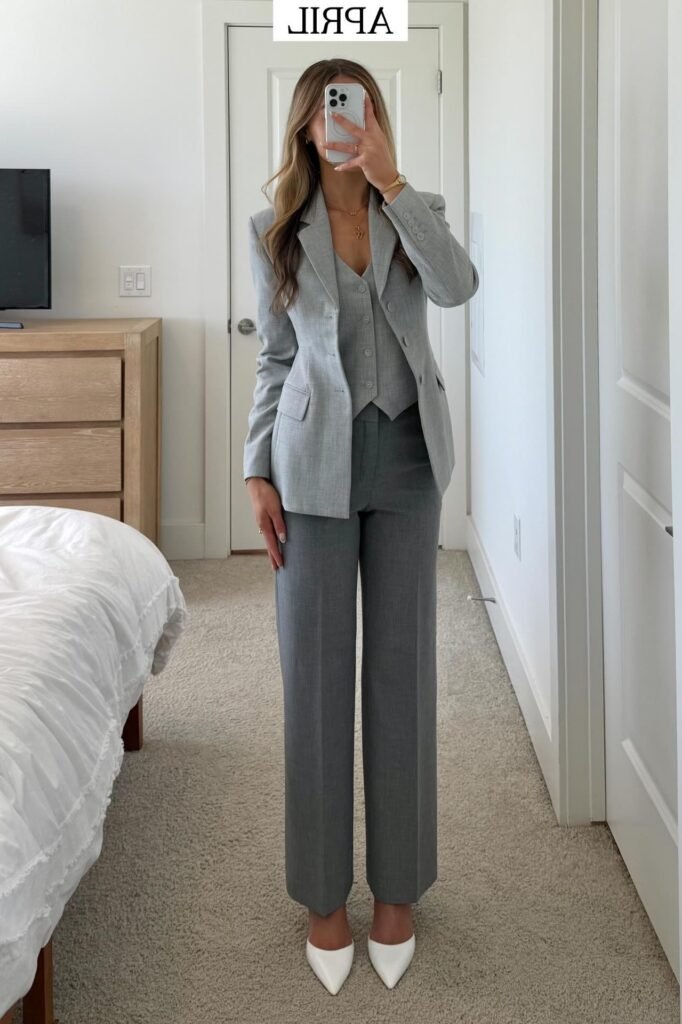 Grey Tailored Blazer + Matching Grey Button-Up Vest + Dark Grey Wide-Leg Trousers + White Pointed-Toe Heels