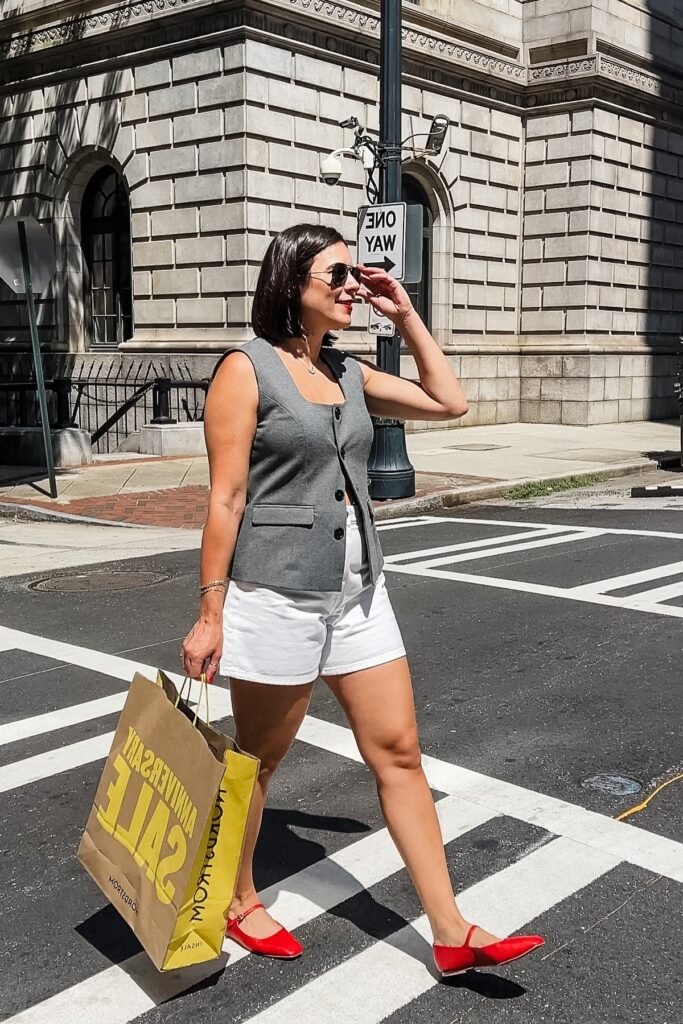 Grey Tailored Vest + White Denim Shorts + Red Pointed Toe Mary Janes