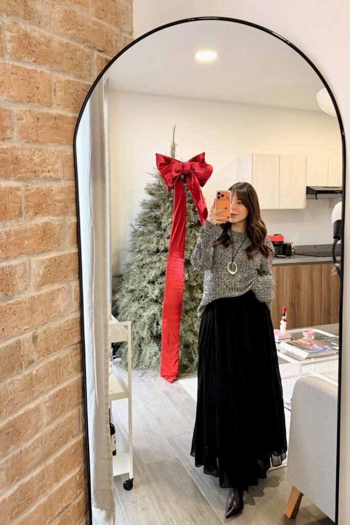 Grey Textured Sweater + Black Pleated Maxi Skirt + Black Pointed Boots