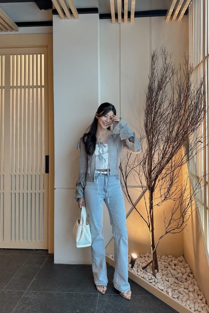 Grey Tie Front Cardigan + White Cropped Tank Top + Light Wash Flare Jeans + Silver Strappy Sandals