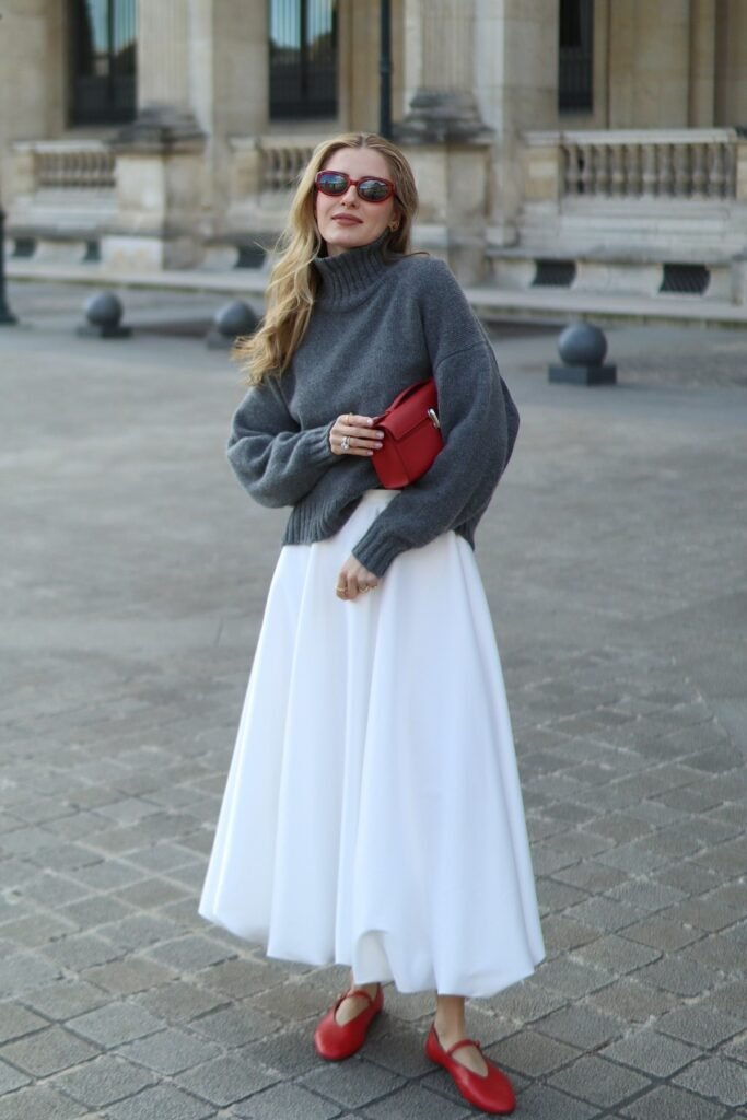 Grey Turtleneck Sweater + White A Line Maxi Skirt + Red Mary Jane Flats