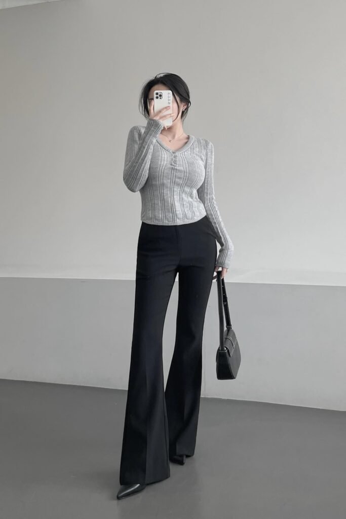 Grey V-Neck Ribbed Sweater + Black Flared Trousers + Black Shoulder Bag