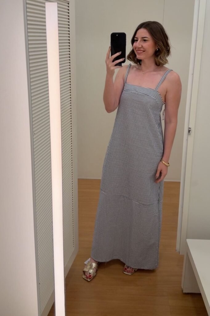 Grey and White Vertical Striped Spaghetti Strap Maxi Dress + Gold Strappy Sandals