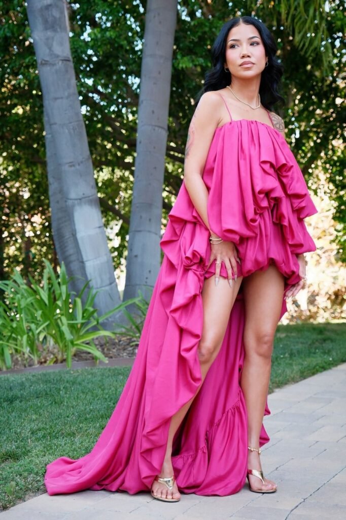 Hot Pink Voluminous Ruffled High-Low Dress + Gold Thong Sandals