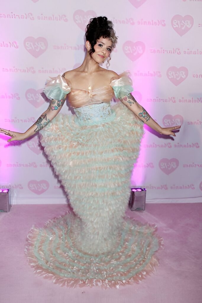 Icy Blue & Peach Ruffled Mermaid Gown + Updo Hairstyle + Pastel Tattoos