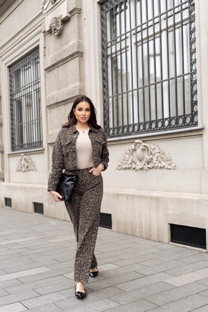Leopard Print Denim Jacket + Matching Leopard Print Trousers + Beige Bodysuit + Black Pointed-Toe Flats
