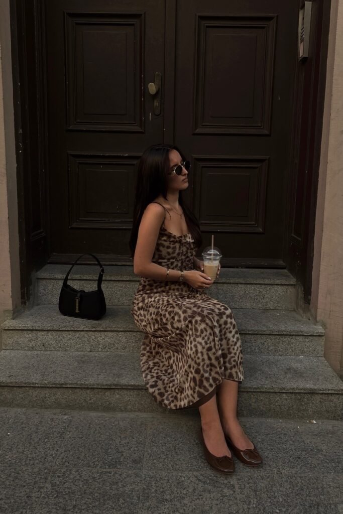 Leopard Print Midi Slip Dress + Dark Brown Bow Ballet Flats