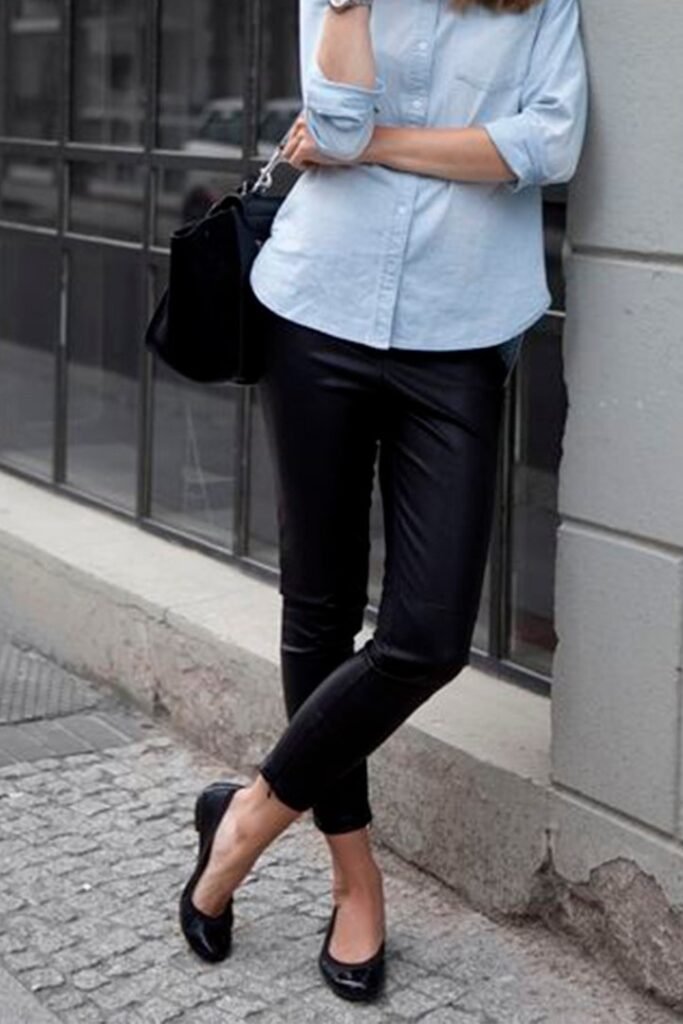 Light Blue Button Down Shirt + Black Leather Leggings + Black Patent Ballet Flats